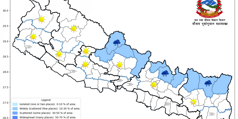 उच्च पहाडी तथा हिमाली भागका केही स्थानमा मध्यम हिमपात र वर्षा हुने